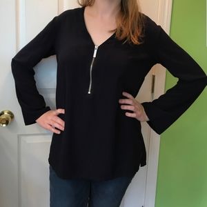 Michael Kors Navy Blue Long Sleeved Blouse w Silver Zipper Size Small